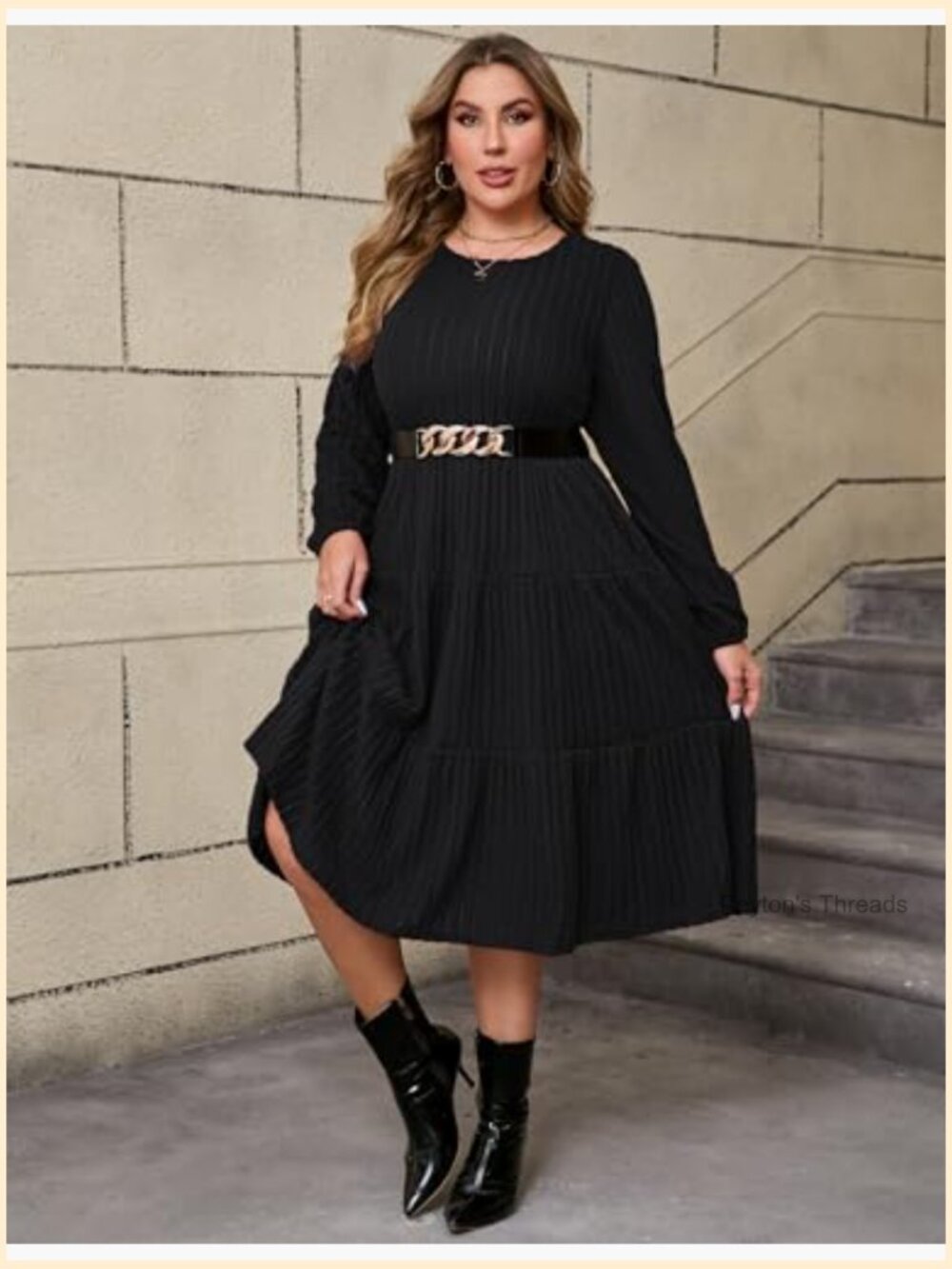 Women Plus Size Knit Sweater Dress Round Neck Long Sleeves Midi Dress with Belt - Picture 3 of 6
